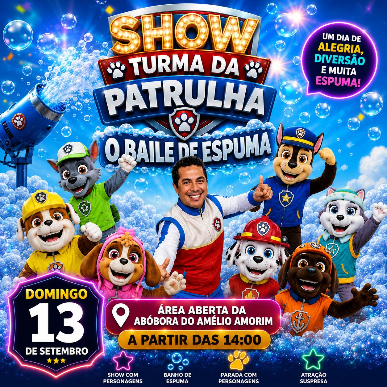 Show Turma da Patrulha promove baile de espuma para toda a família em Feira de Santana