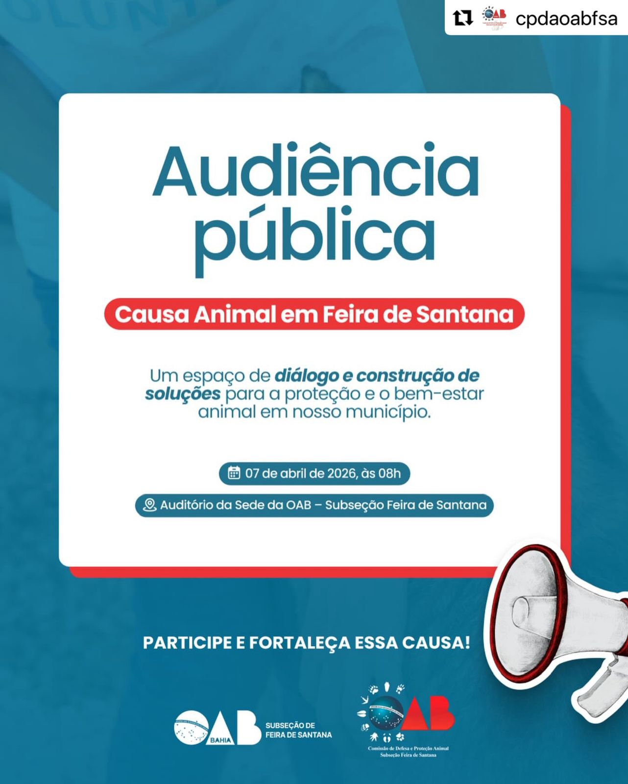 Audiência Pública sobre a causa animal acontecerá dia 7, na OAB Feira