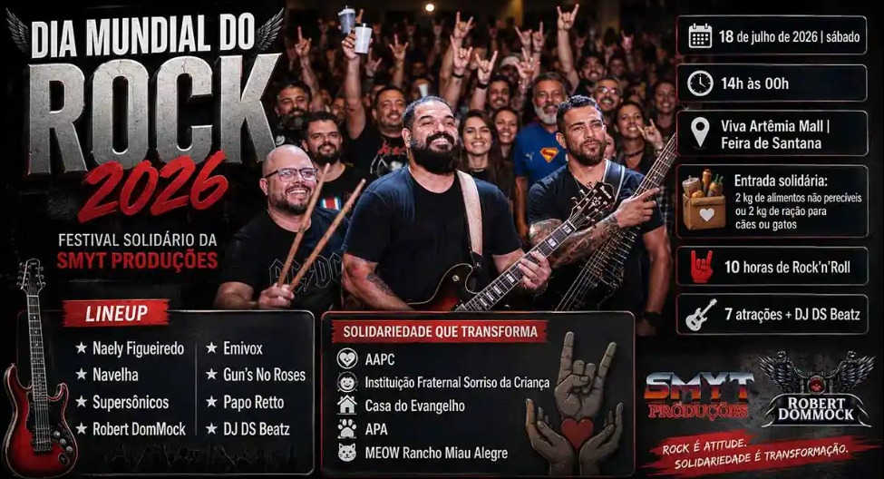 Dia Mundial do Rock terá 10 horas de música e entrada solidária em Feira de Santana