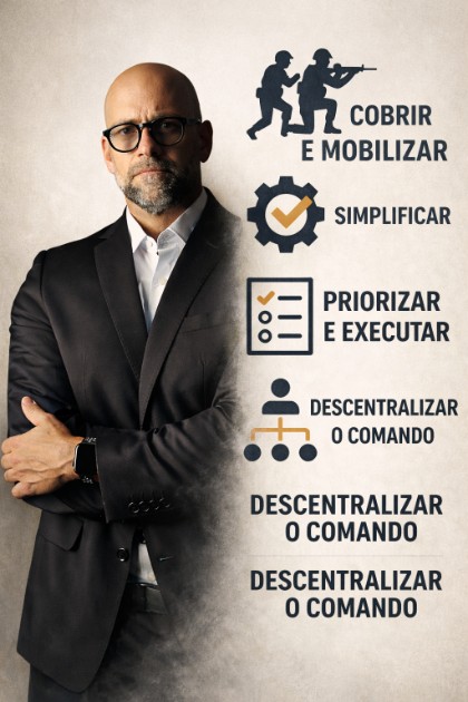 Cobrir e Mobilizar; Simplificar; Priorizar e Executar; e Descentralizar o Comando. Como essa estratégia da elite militar pode nos ajudar na gestão?